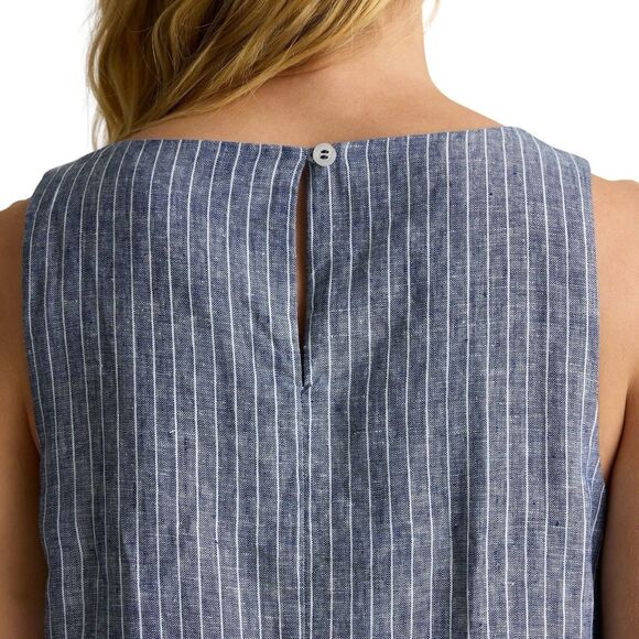 Quince European Linen Tank Mini Dress Size Small Chambray Striped Blue Pockets - Picture 3 of 12